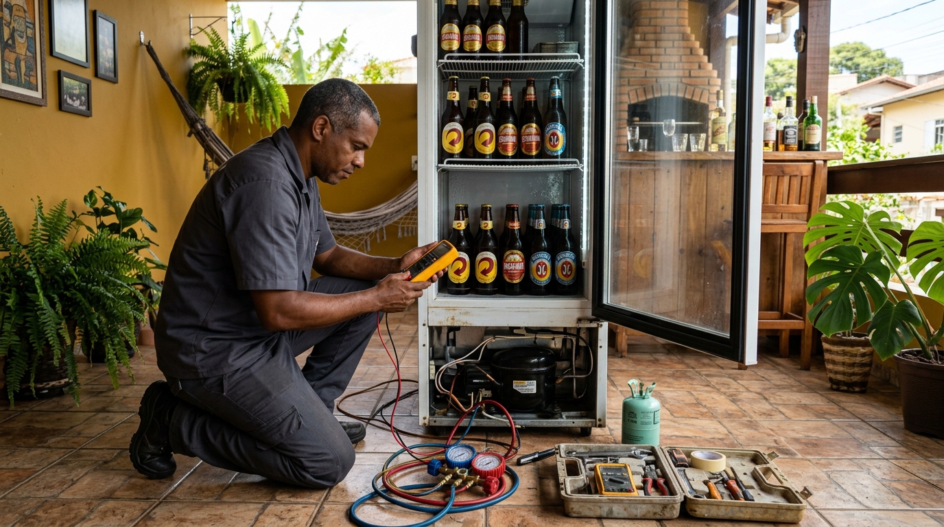 Placa eletrônica de cervejeira em reparo na bancada em Passo Fundo‑RS