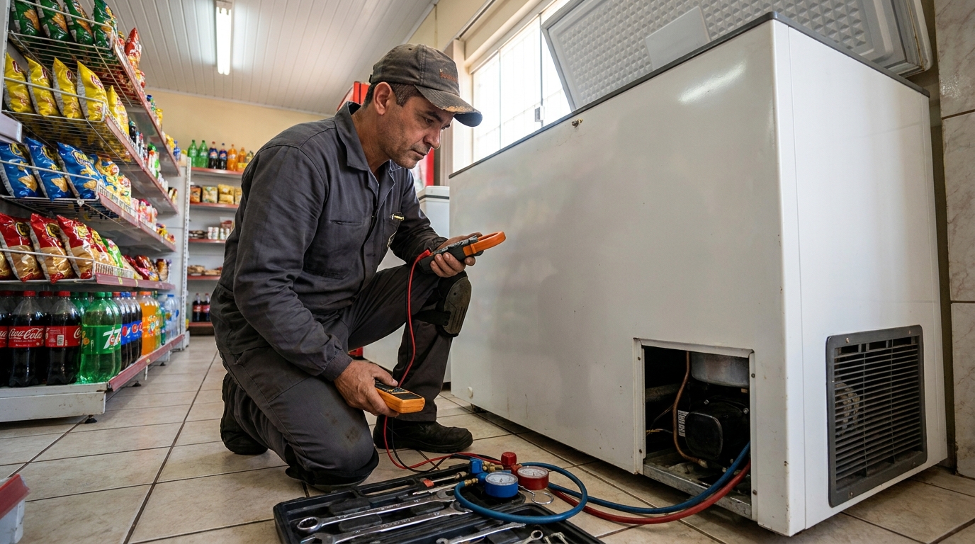 Reparo da placa eletrônica de um freezer em atendimento em Passo Fundo‑RS