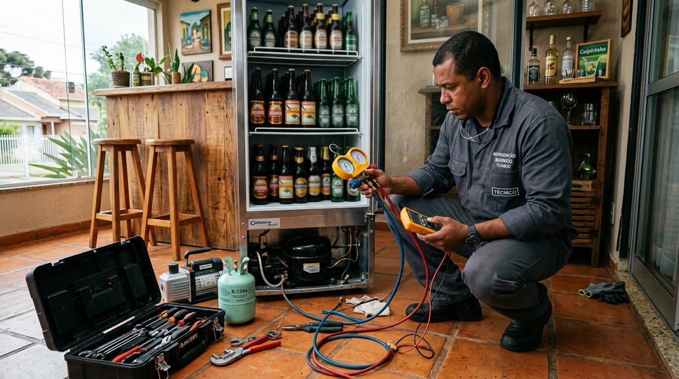Técnico revisando o motor de uma cervejeira durante chamado em Passo Fundo‑RS