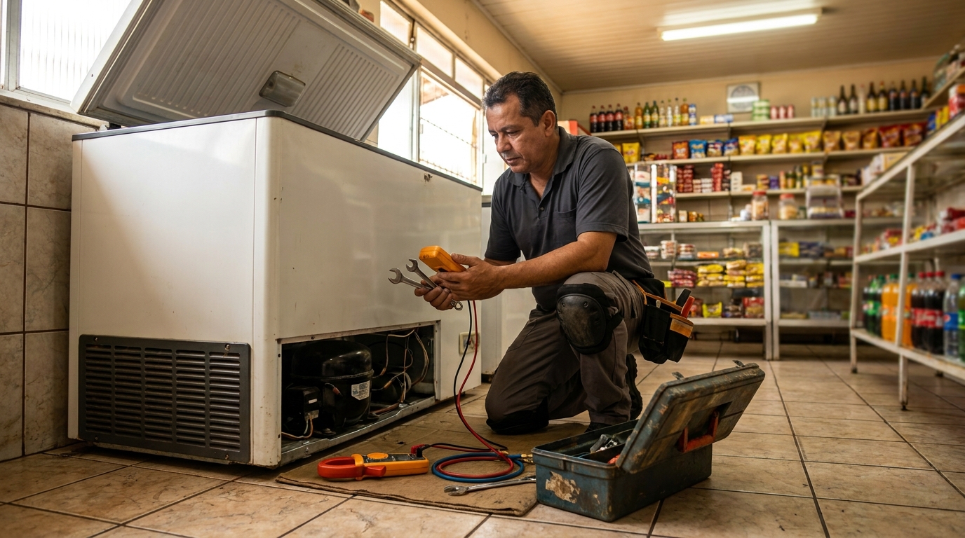 Técnico reparando o motor de um freezer horizontal em Passo Fundo‑RS