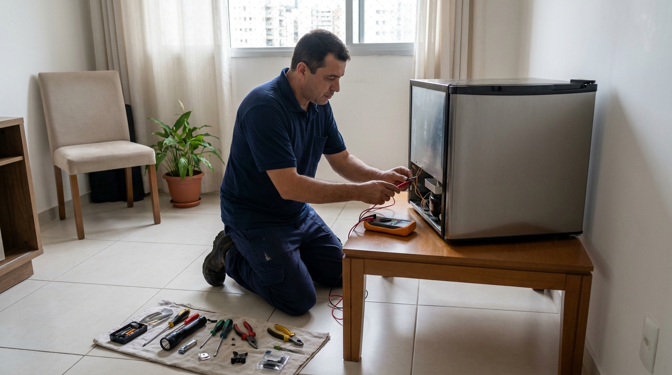 Técnico revisando o motor de um frigobar em Passo Fundo‑RS
